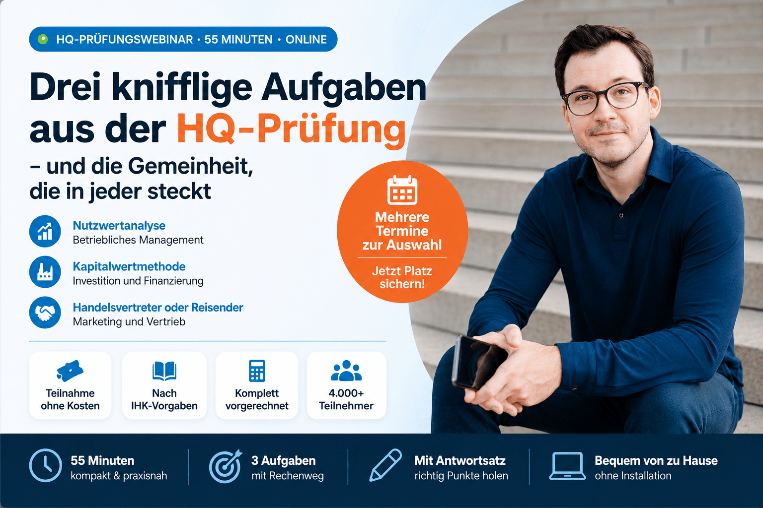 HQ-Prüfungswebinar: Drei knifflige Aufgaben aus der HQ-Prüfung – Nutzwertanalyse, Kapitalwertmethode und Handelsvertreter oder Reisender. 55 Minuten, online.