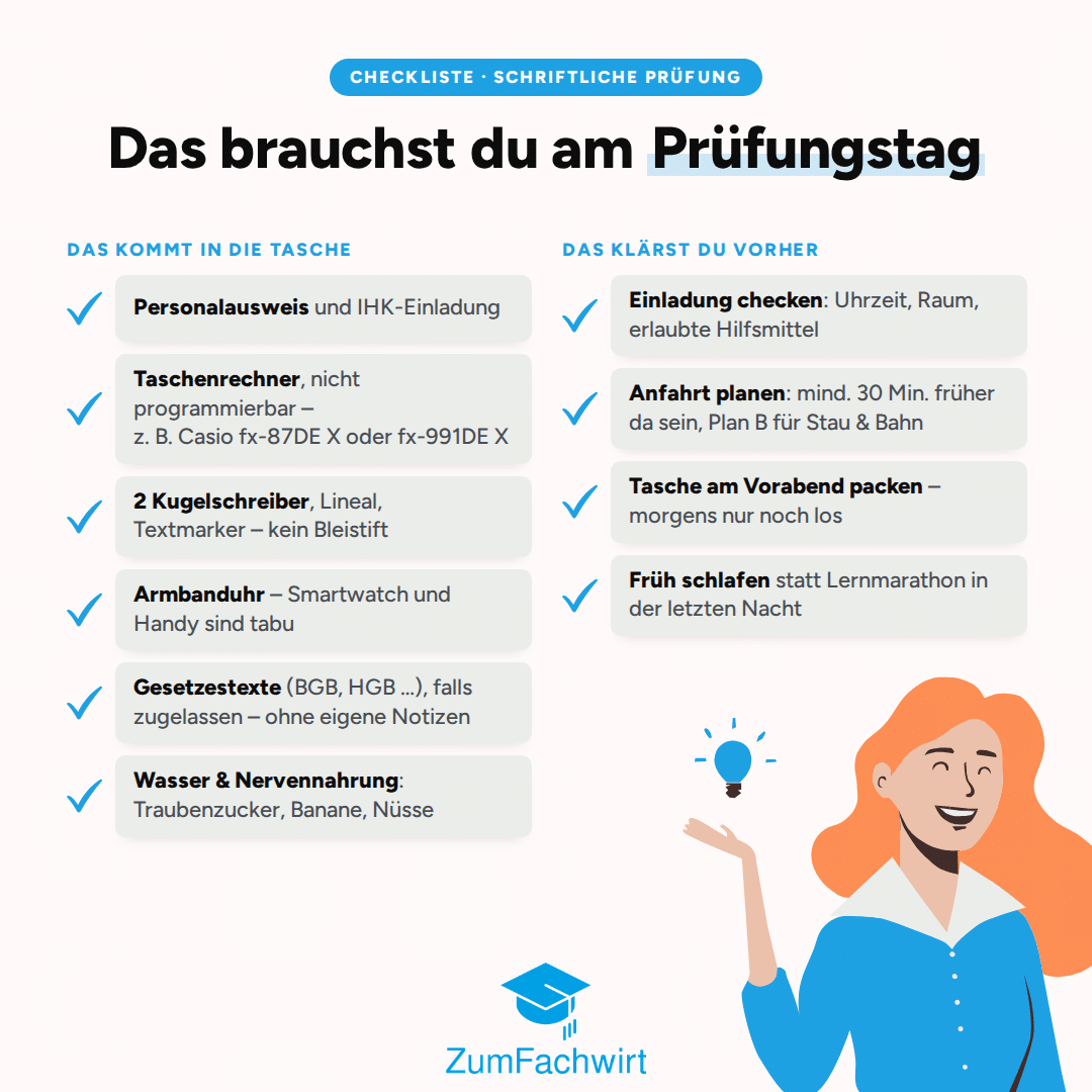 Checkliste Prüfungstag: Personalausweis und IHK-Einladung, netzunabhängiger und nicht kommunikationsfähiger Taschenrechner, zwei Kugelschreiber, Lineal und Textmarker, Armbanduhr, zugelassene Gesetzestexte, Wasser und Nervennahrung, Einladung checken, Anfahrt mit 30 Minuten Puffer, Tasche am Vorabend packen, früh schlafen